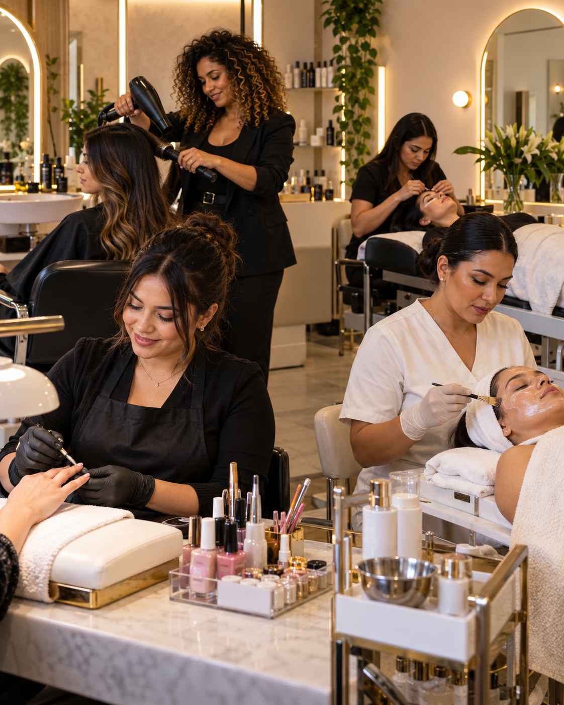 Salão de beleza elegante e aconchegante com profissionais atendendo clientes